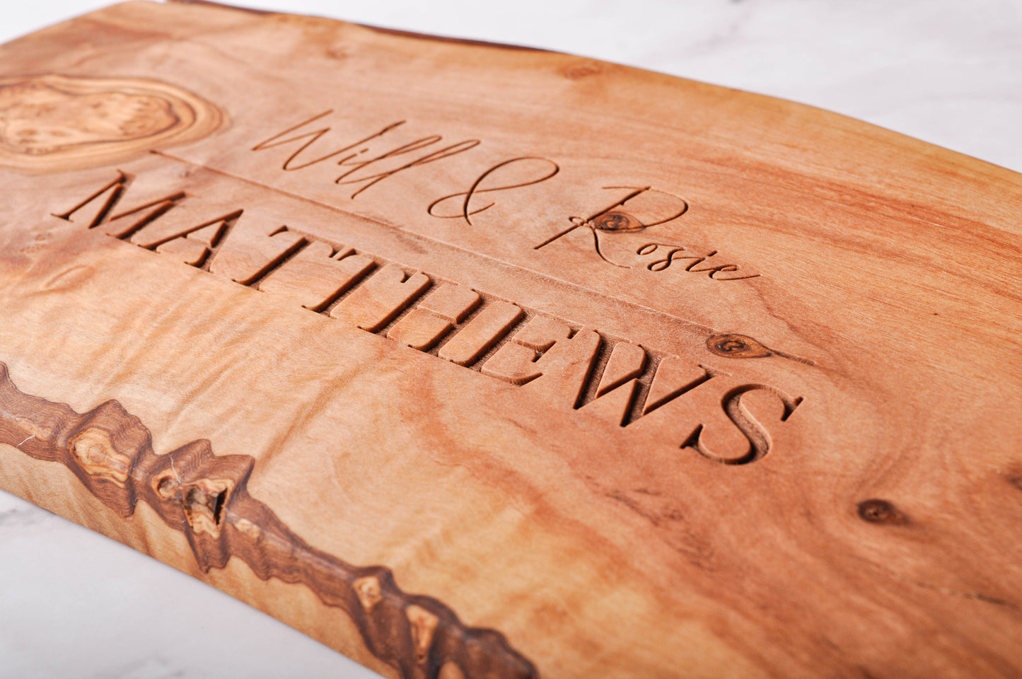 Live Edge Naturally Shaped Olive Wood Board Personalised