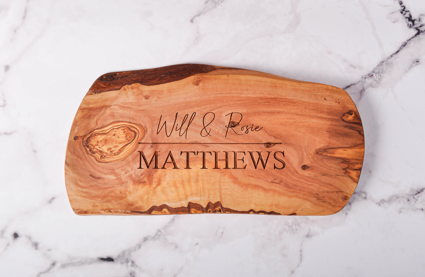 Live Edge Naturally Shaped Olive Wood Board Personalised