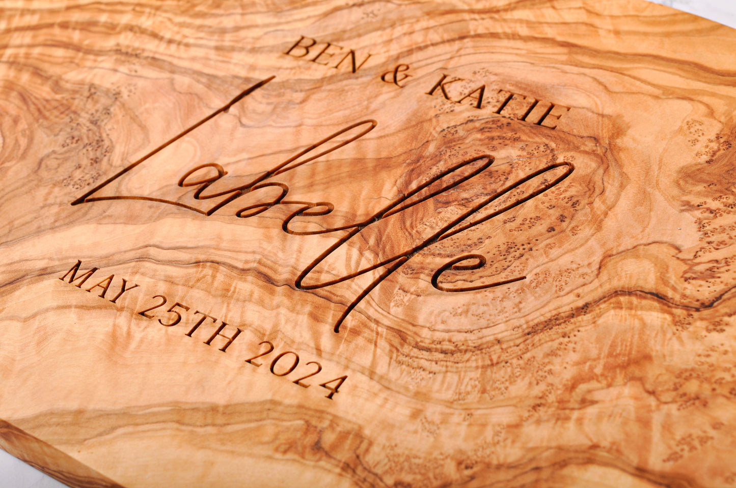 Live Edge Naturally Shaped Olive Wood Board Personalised